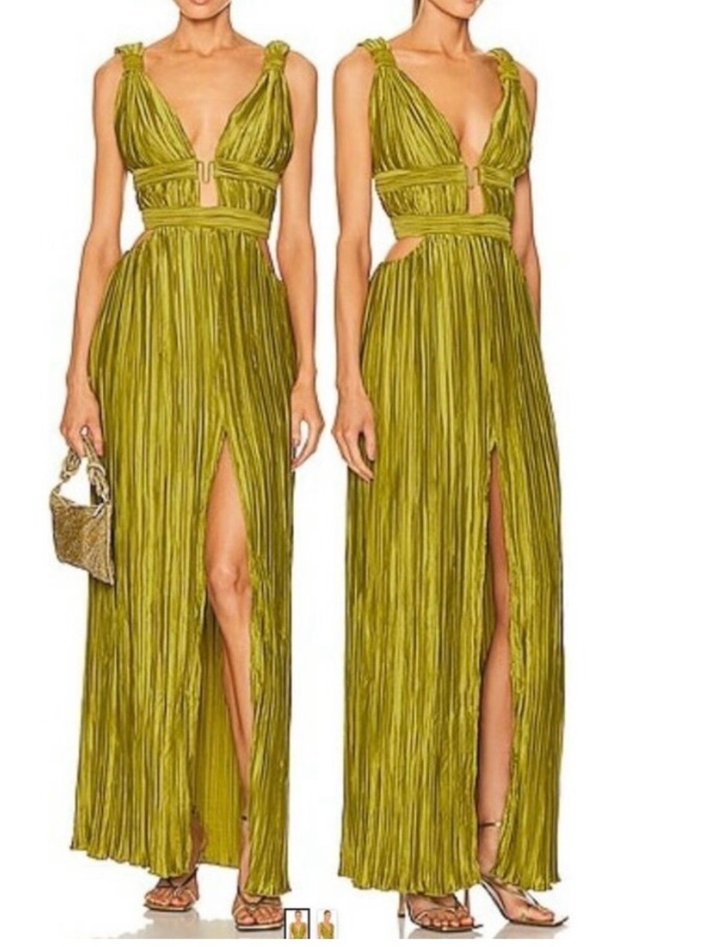 Cult Gaia Davida Pleated Cutout Front Slit Gown Dress Size 10 Pine Green NWT